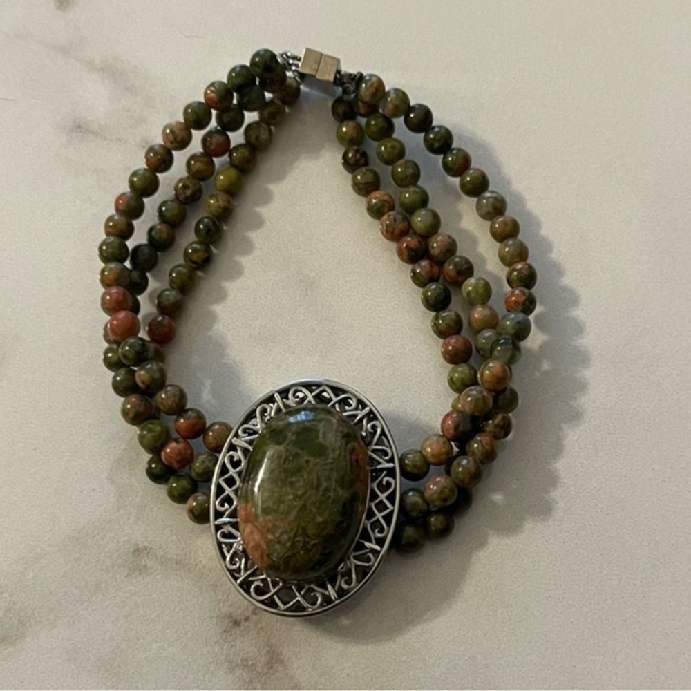 Jasper Bead Bracelet MultiStrand with Large Center Stone Marked 316L SS 7.5”